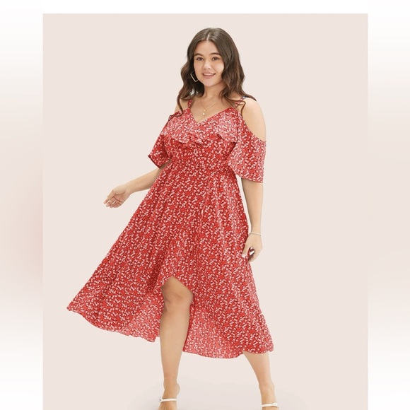 BloomChic Plus Size Ditsy Floral Pocket Wrap Cold Shoulder Ruffle Dress us 12 - Picture 3 of 4